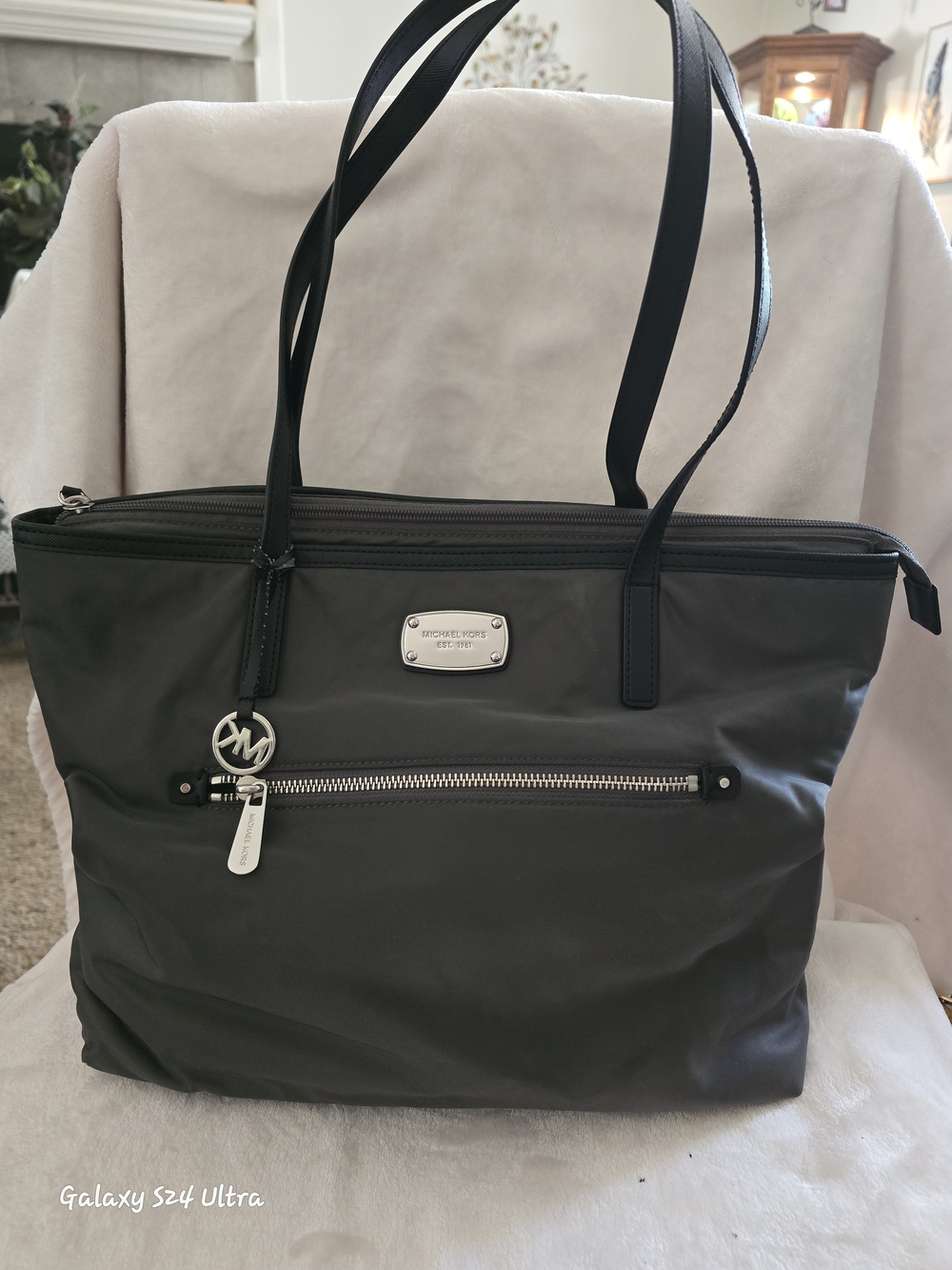 Michael Kors Gray Nylon Tote with Front Zip Pocket